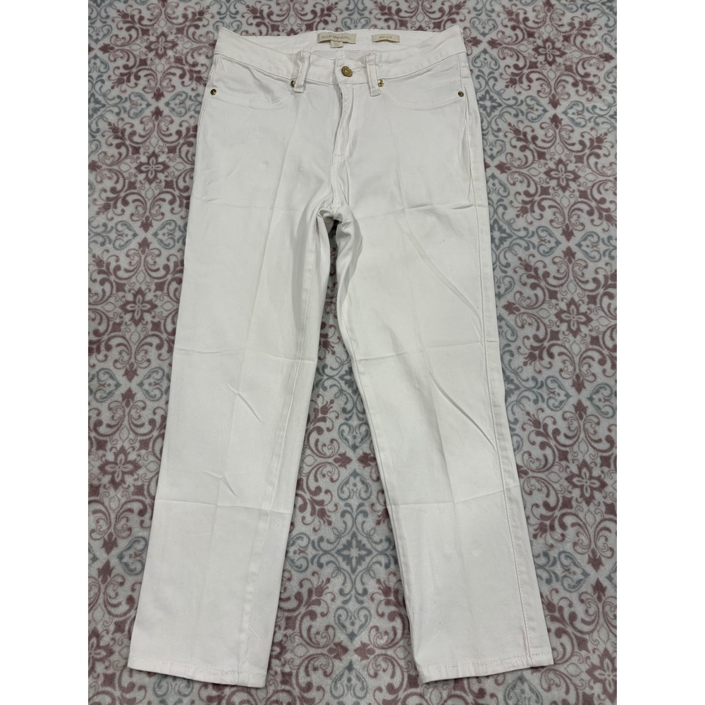 Nicki Minaj White Mid Rise Straight Leg Jeans Gold Studded Crown Logo Size 9/10
